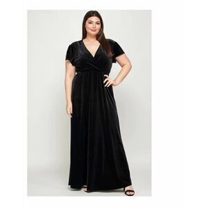 See N Be Seen Women's Velvet Short Sleeve V Neck Wrap Maxi Dress Black Size 1X